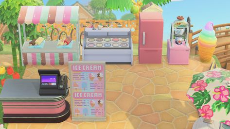 Acnh Smoothie Stall, Candy Shop Animal Crossing, Animal Crossing Dessert Shop, Animal Crossing Snack Area, Ice Cream Shop Acnh Design, Acnh Ice Cream Shop Ideas, Acnh Ice Cream Parlour, Ice Cream Stand Acnh, Acnh Cake Shop