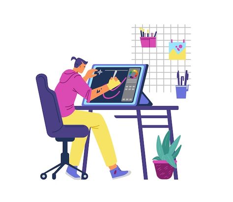 Vector artist making digital art. man si... | Premium Vector #Freepik #vector #graphic-artist #graphic-tablet #computer-graphic #designer Man Sitting At Desk, Graphic Design Workspace, White Background With Design, Evolution Cartoon, Digital Art Process, Desk Painting, Sitting At Desk, Buildings Artwork, Graphic Tablet