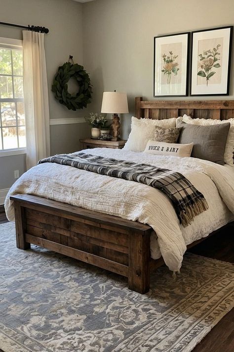 Cozy Dark Wood Bedroom, Bedroom Couple Ideas, Suburban Bedroom, Farmhouse Style Bedroom Ideas, Southern Living Bedroom, Cozy Farmhouse Bedroom, Dark Wood Bedroom, Dark Wood Bed, Guest Room Essentials