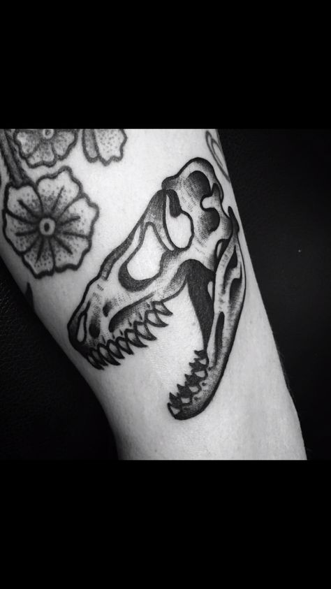 Old School Dinosaur Tattoo, Traditional Dinosaur Skull Tattoo, Traditional Dinosaur Tattoo, Dino Tattoo, T Rex Tattoo, Tattoo 2022, T Rex Skull, Anniversary Tattoo, Traditional Black Tattoo