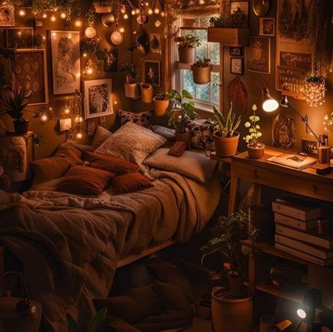 Cozy Brown Bedroom Aesthetic, Goblincore Bedroom Decor, Aesthetic Maximalist Bedroom, Extra Storage Ideas Bedroom, Moody Earthy Bedroom, Aesthetic Fall Bedroom, Victorian Inspired Bedroom, Warm Bedroom Colors, Bedroom Inspiration Cozy