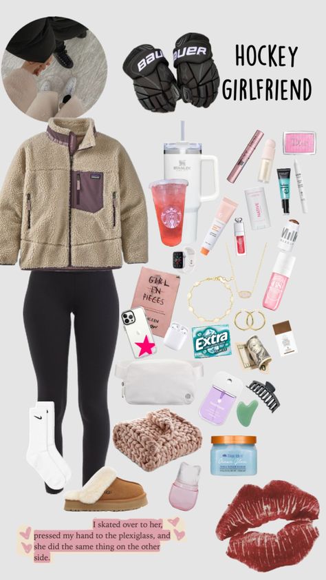 Hockey girlfriend #outfitinspo Hockey Girlfriend Aesthetic, What To Wear To A Hockey Game, Hockey Girlfriend Outfits, Hockey Players Girlfriend, Hockey Couples, Hockey Game Outfits For Women, Hockey Game Outfit, Hockey Outfits, Hockey Wife