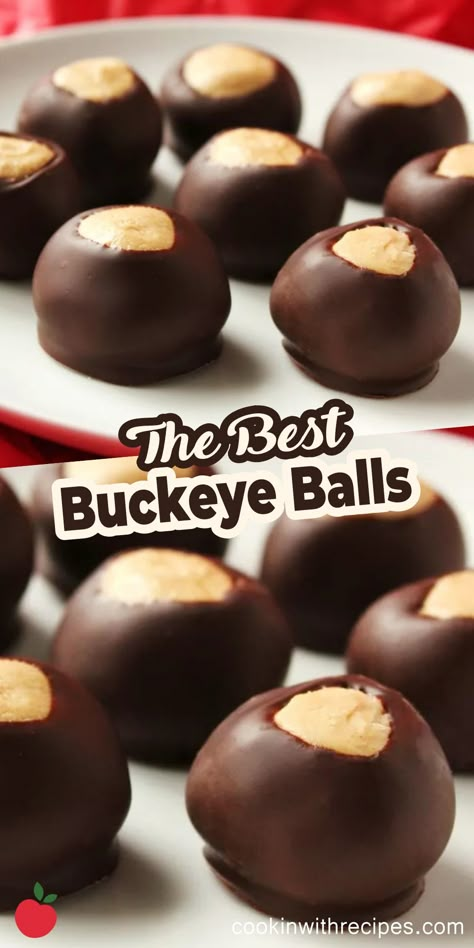 The BEST Buckeye Balls Recipe - Buckeye balls are sweet peanut butter candies dipped in melted chocolate. Buckeye Bites Recipe, Buckeyes Peanut Butter Pretzel Bites, Buckeye Peanut Butter Balls, Buckeye Peanut Butter Pretzel Bites, Buckeye Cake Pops, Peanut Butter Buckeyes Recipe, Halloween Buckeyes, Buckeyes Bars Recipe, Buckeye Candy Recipe