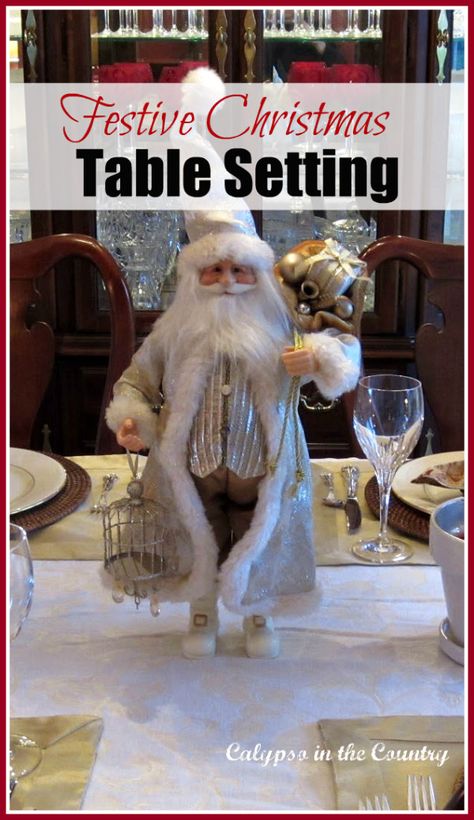 Santa Centerpiece on a cozy Christmas table.  #santa #centerpieceideas #christmastable Santa Centerpiece Ideas, Cozy Christmas Table, Santa Centerpiece, Red Dining Room, Bar Cart Styling, Christmas Mantel Decorations, Santa Claus Is Coming To Town, Christmas Mantels, Christmas Table Settings