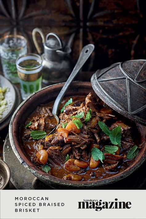 Slow-cooked until it starts to pull apart, this beef brisket recipe uses the aromatic spices of a Moroccan tagine. Serve with fluffy couscous for a warming family meal or relaxed dinner party. Get the Sainsbury's magazine recipe Moroccan Beef Brisket, Tagine Recipes Beef, Best Tagine Recipes, Beef Brisket Stew Recipes, Beef Tagine Recipes Moroccan Spices, Slow Cooker Dinner Party Recipes, Moroccan Dinner Recipes, Middle Eastern Beef Recipes, Easy Tagine Recipes