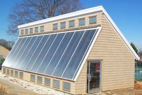 The 18' x 46' passive solar Newton-Conover greenhouse - SunCatcherGreenhouse.com Diy Small Greenhouse, Passive Solar Greenhouse, Underground Greenhouse, Greenhouse Farming, Solar Greenhouse, Passive Solar Homes, Best Greenhouse, Large Greenhouse, Structural Insulated Panels