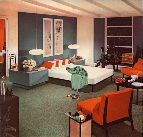 Mid-Century Modern Bedroom 1954 | Armstrong, 1950s, 50s, Retro, Mid Century, Design, Hanging Lamps, Floors, Form, Function, MCM, Nature, Natural, Organic, Shapes, Mod 1950s Interior Design, Mcm Bedroom, Madmen Style, 1950s Interior, Bed Layout, Orange Chairs, Midcentury Decor, Bedside Lights, 1950s Decor