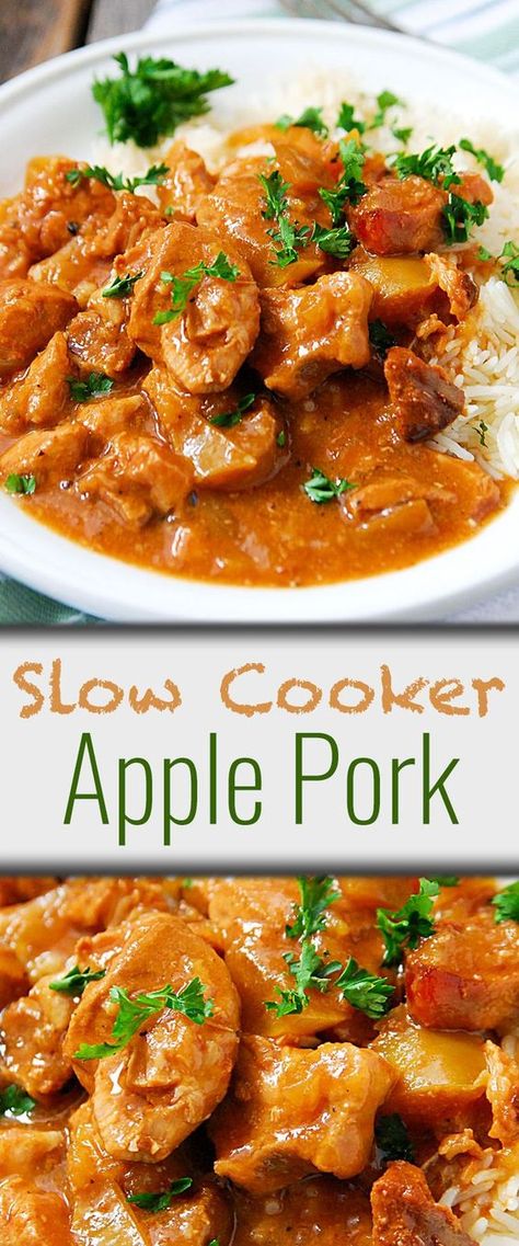 Slow Cooker Apple Pork recipe - you'll have most ingredients on hand to make this crockpot pork, it's easy and so delicious! Pork Stew Meat Recipes, Slow Cooker Ratatouille, Pork Stew Meat, Pork Apple, Meals Crockpot, Pork Stew Recipes, Slow Cooker Apple, Slow Cooker Recipes Pork, Cauliflowers