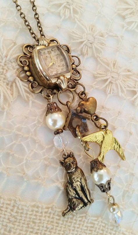 Antique Watch Necklace, Cat and Bird, Upcycled Vintage Watch Face, Gold Watch Pendant, Bird Watching Necklace, Filigree Setting, Brass Charm by FunkyTypes on Etsy Old Jewelry Crafts, Vintage Assemblage Jewelry, Jewelry Repurposed, Found Object Jewelry, Watch Pendant, Vintage Jewelry Ideas, Vintage Jewelry Repurposed, Antique Watch, Antique Filigree