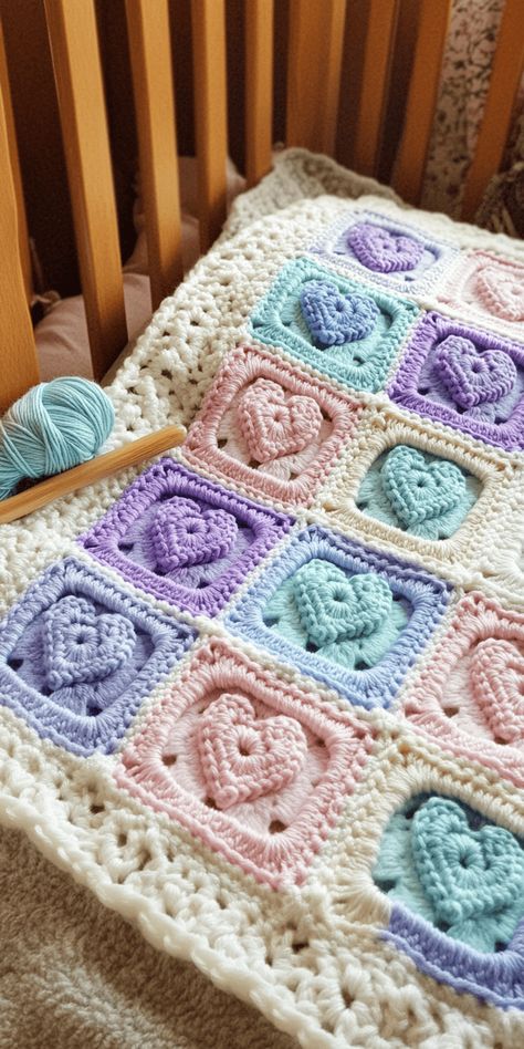 Bobble Heart Granny Square Crochet Pattern PDF Crochet Popcorn Stitch Granny Square, Crochet Closed Granny Square, Sanrio Crochet Blanket, Crochet Granny Square Ideas, Bobble Granny Square, Heart Granny Square, Granny Square Baby Blanket, Square Crochet Pattern, Crochet Baby Blanket Free Pattern