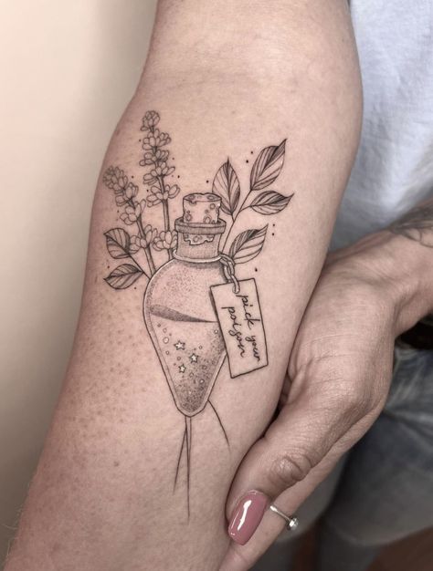 Witchy Feminine Tattoos, Apothecary Tattoo Sleeve, Plant Medicine Tattoo, Flower In A Jar Tattoo, Health Potion Tattoo, Poison Tattoo Ideas, Poison Flowers Tattoo, Pretty Little Poison Tattoo, Glass Jar Tattoo