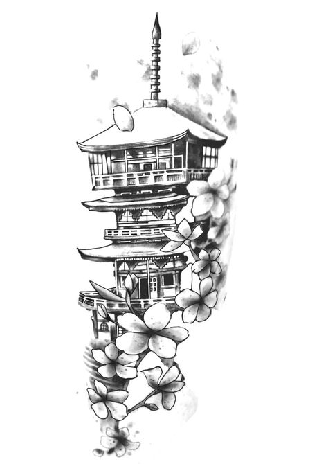 Chinese Inspired Sleeve Tattoo, Chinese Building Tattoo, Chinese House Tattoo, Japanese Style Back Tattoo, Japanese House Tattoo, Pagoda Tattoo, Japanese Temple Tattoo, Tato Maori, Japanese Tattoo Women