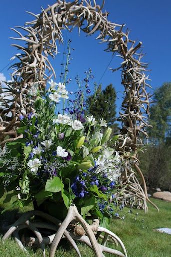 Deer antler wedding arch. Kinda like the idea but it would all depend on the placement and execution of the idea Antler Wedding Arch, Big Fire Pit, Antler Wedding Decor, Hunting Themed Wedding, Birch Wedding Arch, Deer Antler Ideas, Deer Antler Wedding, Antler Ideas, Birch Wedding