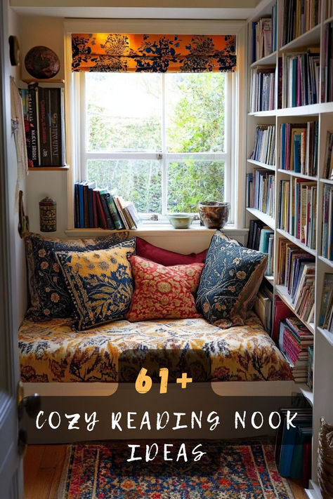 Looking to create a cozy reading nook in a small space? These 61 ideas will inspire you to transform even the tiniest corners into a comfy reading retreat. From clever storage solutions to soft lighting and comfy seating, discover how to design your perfect nook. Click now to explore all the cozy ideas! 📚✨ #ReadingNook #SmallSpaceLiving #CozyCorners #BookLovers #HomeDecor #ReadingHaven #InteriorDesign Diy Reading Bench With Storage, Teenage Reading Nook, Ikea Reading Nook, Cozy Reading Nook Aesthetic, Small Reading Area, Sunroom Nook, Loft Reading Nook, Book Nooks Cozy Home Libraries, Reading Corner Ideas For Adults