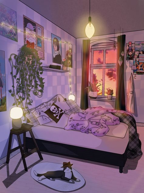 Bedroom Art Drawing, Apartment Drawing Aesthetic, Aesthetic Room Drawing Ideas, Cartoon Bedroom Aesthetic, Purple Room Drawing, Backgrounds For Drawings Bedroom, Bedroom Art Reference, Digital Art Bedroom, Bedroom Drawing Illustrations