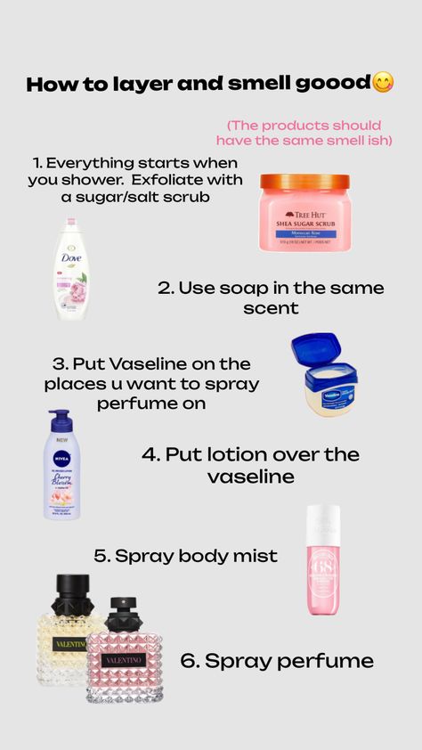 #layer #smellgood Perfume Hacks, Model Tips, Skincare For Oily Skin, Skin Care Basics, Skin Care Routine Order, Basic Skin Care Routine, Shower Skin Care, Perfect Skin Care Routine, Healthy Skin Tips