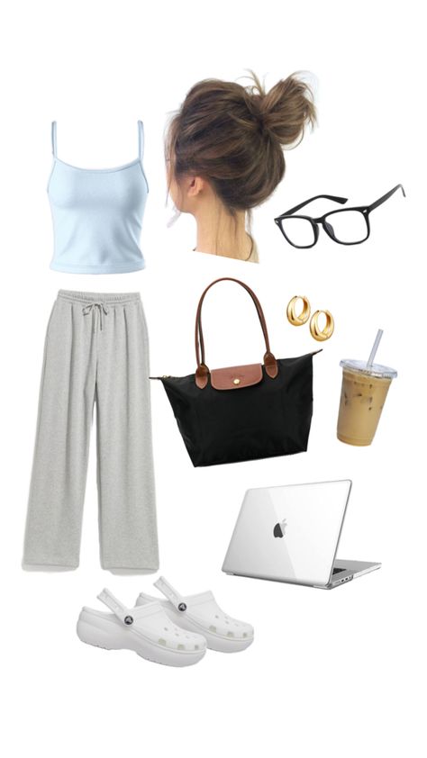 comfy college outfit aesthetic inspo messy bun gray sweatpants and tank top outfit crocs outfit black longchamp Sweatpants And Tank Top Outfits, Comfy College Outfit, College Outfits Aesthetic, Crocs Outfit, Tank Top Outfit, College Outfits Comfy, Gray Sweatpants, College Outfit, Tank Top Outfits