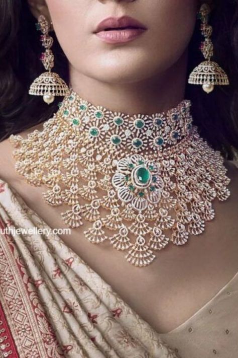 Whether worn as a token of love, a statement of style, or an heirloom to be cherished for generations, a diamond necklace is a dazzling masterpiece that will forever stand the test of time. Diamond Choker Set, Kalung Choker, American Clothes, Wedding Seasons, Indian Wardrobe, Fancy Diamond Ring, Bridal Diamond Necklace, Indian Wedding Jewelry Sets, Choker Necklace Designs