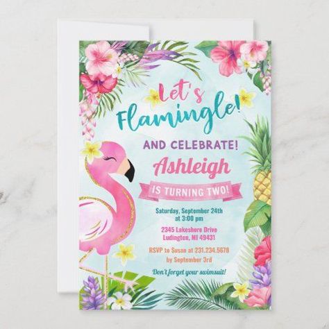 Flamingo Second Birthday Party, Flamingo Birthday Theme, Tropical Birthday Invitations, Flamingo Birthday Invitations, Hawaiian Invitations, Flamingo Invitation, Summer Birthday Invitations, Fiesta Birthday Invitations, Tropical Theme Party