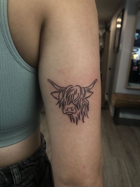 Small Tattoos Country Simple, High Land Cow Tattoo, Hiland Cow Tattoos, Cow Tattoo Ideas For Women, Cute Cowgirl Tattoos, Simple Southern Tattoos For Women, Patchwork Tattoo Western, Tattoo Ideas Cowgirl, Small Cow Tattoo Ideas