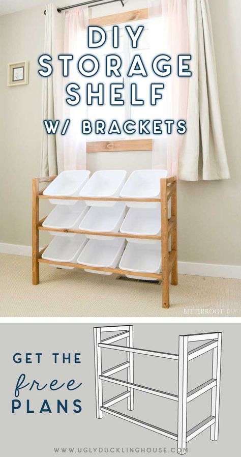 So simple! Putting this on the to do list! DIY storage shelf system for bins and held in with brackets for easy moving/storage for kids toys, shoes, baby room supplies, and more. #kidsroom #nursery #shelf #storage #organization #diy #buildplans #freeplans #quickandeasy #babyroom #playroom #toys #uglyducklinghouse Diy Toy Organizer With Bins, Diy Toy Bin Storage, Diy Toy Shelf Storage, Toy Storage Bins Diy, Basket Shelf Storage, Diy Closet Toy Storage Ideas, Toy Organizer Diy, Diy Toy Box Ideas Storage Bins, Kids Toy Shelves