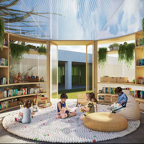 Montessori School Design Architecture, Preschool Room Layout, Kids Play Area Indoor, Childcare Facility, Outside Playground, Abandoned Mansion For Sale, Kindergarten Interior, Preschool Designs, Outdoor Play Space