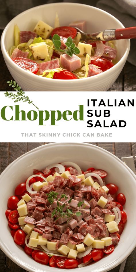 This low carb, chopped Italian sub salad is filled with all your favorite submarine sandwich ingredients. It's perfect for lunch or a side salad for an Italian meal. Sub Dressing Recipe, Chopped Italian Sub, Italian Sub Salad, Sub Salad, Submarine Sandwich, Mediterranean Salad Recipe, Sub Sandwich, Salads For A Crowd, Italian Sub