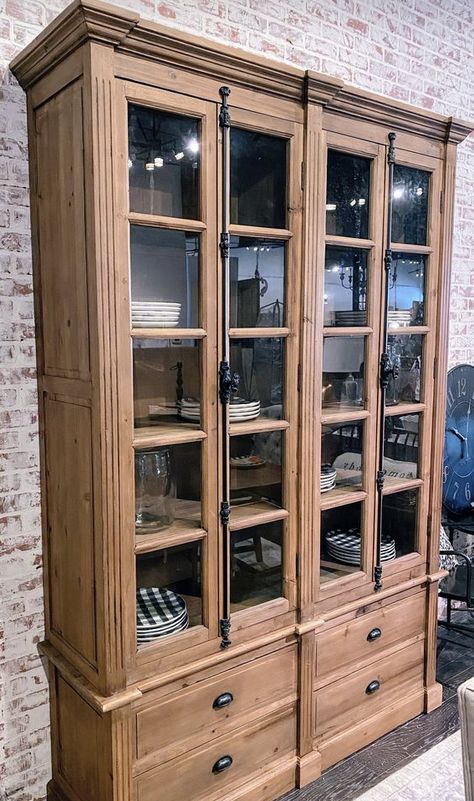 Tall Display Cabinet, Design Salon, Iron Handles, Natural Wood Finish, Black Iron, Glass Doors, Display Cabinet, Hutch, Built Ins