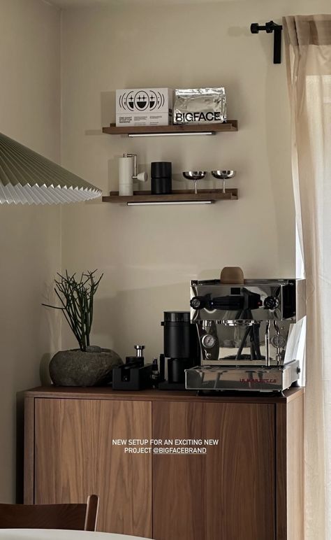 Japandi Coffee Station, Coffee Nook Ideas Cozy Corner, Small Coffee Bar Ideas Counter Space, Coffee Apartment, Coffee Bar Shelf Ideas, Coffee Nook In Kitchen, Aesthetic Apartment Kitchen, Coffee Station Aesthetic, Coffee Nook Kitchen