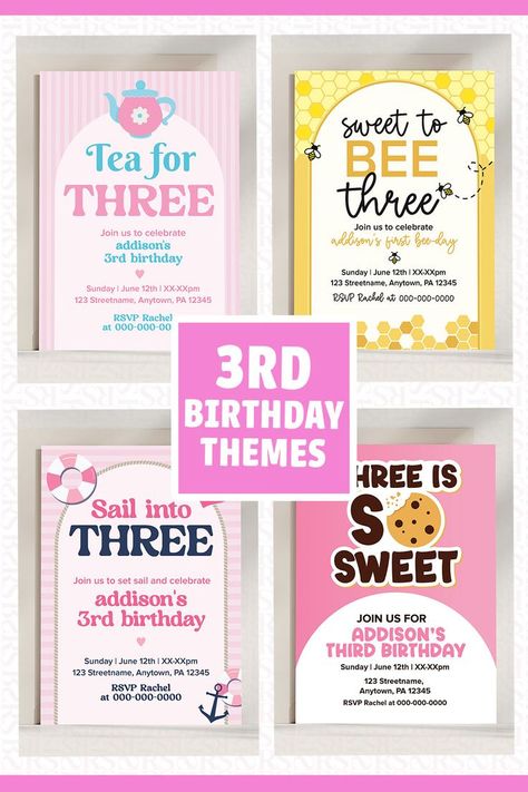 3rd birthday party theme ideas | third birthday party invitation | cute kid birthday party themes | editable download templates | Tea for Three Tea Party | Sweet to Bee Three | Sail Into Three Nautical | Three is So Sweet Cookie theme Themes For Third Birthday, Birthday Themes 3 Girl, Birthday Themes For 3 Year Girl, Three Girl Birthday Party Ideas, Sweet To Be Three Birthday Party, Twin 3rd Birthday Ideas, 3yrs Old Birthday Party Ideas Girl, 3 Year Birthday Party Ideas, 3rd Birthday Party Ideas Girl