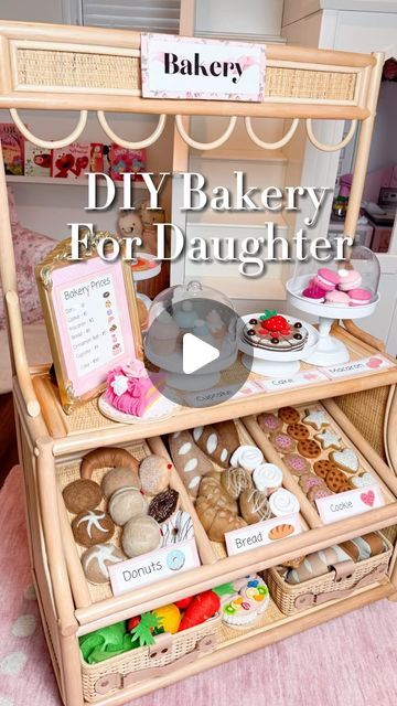 Micah Enriquez on Instagram: "The Dollar Tree bath sponge cake 😩 Our little DIY bakery is coming along, stay tuned for part 2 and the final reveal. I created the pies using mini round boxes from the Dollar Tree.   #DIY #momlife #DIYtoys #organizedhome #playroom #dollartreeDIY" Diy Kitchen Play Set Kids, Diy Kids Restaurant, Kids Bakery Shop Diy, Play Kitchen Accessories Diy, Diy Kids Grocery Store, Diy Grocery Store For Kids, Preschool Building, Kids Grocery Store, Storefront Ideas