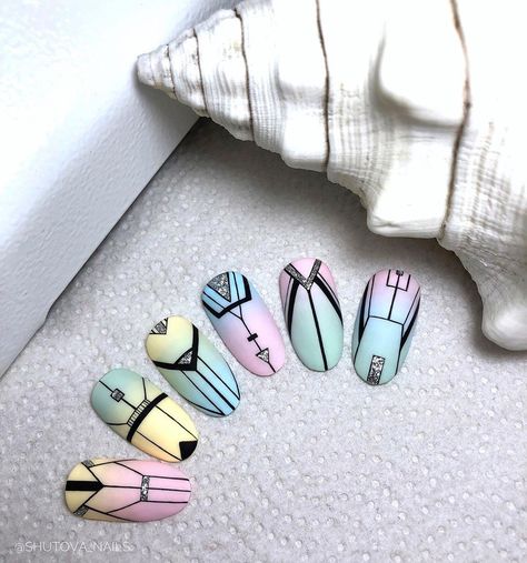 Geometric Line Nail Art, Geometric Nails, Aztec Nails, Line Nail Art, Anniversary Cards Handmade, Cute Nail Art Designs, Geometric Nail, Lines On Nails, Mermaid Nails