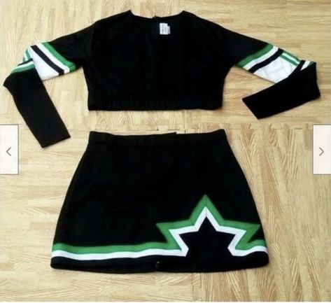 Black And Green Cheer Uniform, Cheer Costumes, Black Cheerleaders, Sports Academy, Basic Clothes, Cheerleader Costume, Cheerleading Uniforms, Competitive Cheer, Cheer Uniform