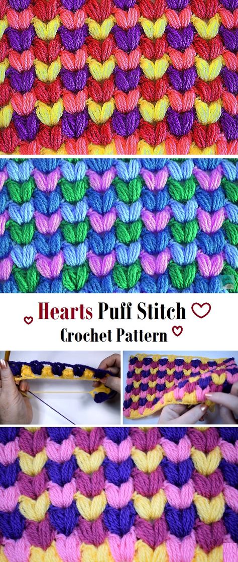 Crochet Heart Puff Stitch - Design Peak Tunisian Heart Stitch, Tunisian Crochet Heart Pattern, Crochet Heart Puff Stitch, Tunisian Puff Stitch, Yarn Saving Crochet Stitches, Heart Stitch Crochet, Tunsinian Crochet, Puff Braids, Crochet Heart Stitch