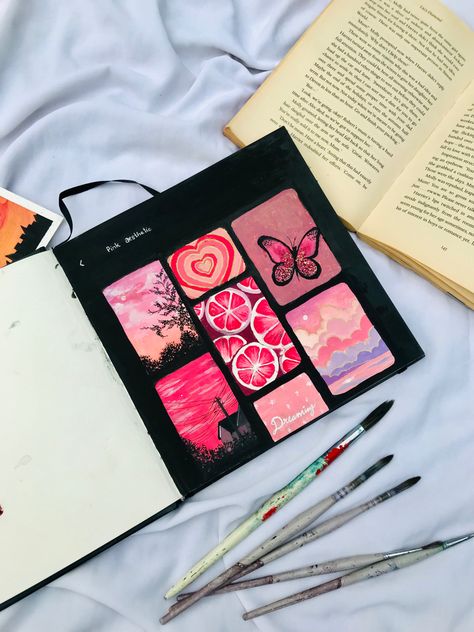 Mini Book Painting Ideas, Small Board Painting Ideas, Art Journal Ideas Sketchbooks Paintings, Pink Mini Painting, Canvas Painting Asthetics, Sketchbook Painting Ideas Art Journaling, Mini Acrylic Painting Ideas, Acrylic Painting On Sketchbook, Aesthetic Watercolour Painting Ideas