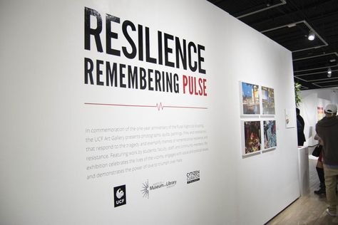 The entrance to Resilience: Remembering Pulse includes an introduction and explanation of what is shown throughout the gallery. Wall Text, Museum Exhibition, Environmental Graphics, Exhibition Design, Art Exhibition, Abstract Expressionism, Wall Design, Entrance, Art Gallery