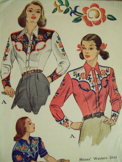 sewing vintage western shorts Western Shorts, Cowgirl Vintage, Western Patterns, Vintage Western Wear, Western Blouse, Sewing Vintage, Patron Vintage, Western Style Shirt, Shirt Sewing Pattern