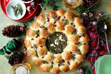 Baked Brie and Bread Wreath - The Candid Appetite Brie Wreath, Bread Wreath, Entertaining Menu, Active Dry Yeast, Christmas Food Dinner, Baked Brie, Crushed Red Pepper Flakes, Christmas Cooking, Round Cake Pans