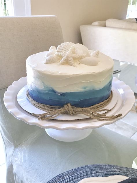 Cake Designs Ombre, Small Beach Wedding Cake, Coastal Cake Ideas, Simple Ocean Cake, Coastal Cowgirl Birthday Cake, Blue Beach Cake, Coastal Birthday Theme, Ocean Cake Birthday, Costal Birthday Ideas