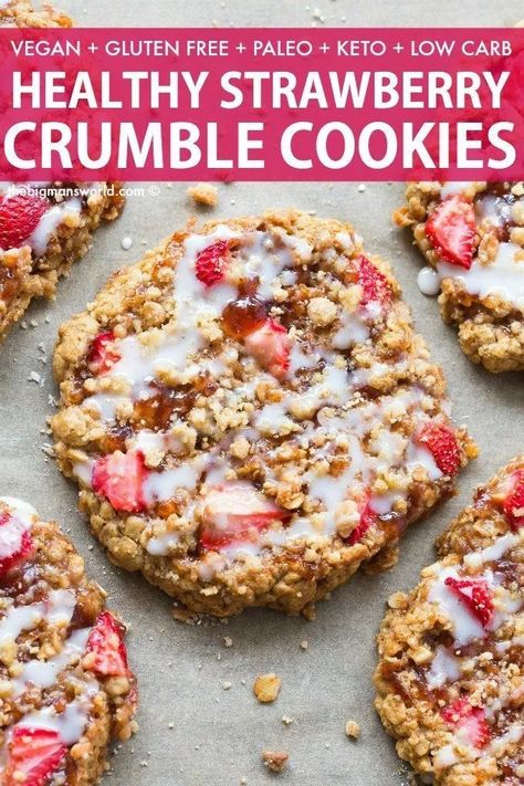 Strawberry Crumble Bar Cookies are a healthy cookie recipe made with NO flour and NO sugar- Made with oatmeal and banana, it's naturally sweetened and with a keto/paleo option! #breakfastcookies #cookies #strawberry #keto #paleo Oatmeal And Banana, Strawberry Keto, Healthy Cookie Recipe, Strawberry Crumble, Dessert Oreo, Healthy Cookie, Cookie Brownie Recipe, Oatmeal Cookies Chewy, Healthy Strawberry