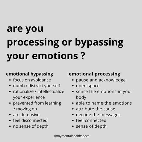 Dr. Susanne Wolf on Instagram: “Are you bypassing or processing your emotions ? — your susanne 🖤 #mymentalhealthspace . . . These are examples. Please remember that this…” Over Functioning, Emotion Therapy Activities, No Kitchen Cooking, Emotions Psychology, Emotional Awareness Activities, Emotionally Healthy, Feel Your Emotions, Emotional Processing, Processing Feelings