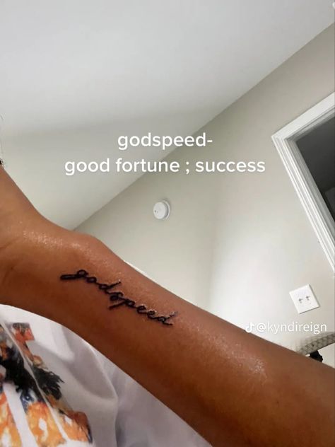 Small Tattoo Ideas Baddie, Godspeed Tattoo Meaning, Goodspeed Tattoo, Little Arm Tattoos, Small Baddie Tats, Small Tattoos Black Women, Godspeed Tattoo, Beautiful Spine Tattoos, Spine Tattoo Ideas