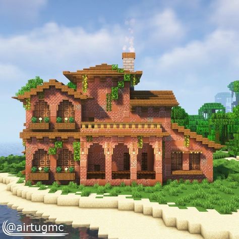 Rainforest Minecraft House, Old Fashioned Minecraft Houses, Cool Mc Builds, Spanish Minecraft House, Minecraft Hacienda, Minecraft House Inspiration Cottage, Minecraft Spanish Villa, Plains House Minecraft, Brick Minecraft Houses