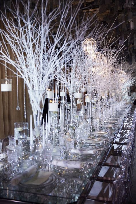 Snow Wedding Reception, Tree Wedding Reception, Dining Tablescapes, Winter Wonderland Ball, Blossom Tree Wedding, Winter Wonderland Centerpieces, White Christmas Party, White Party Theme, Centerpiece Inspiration