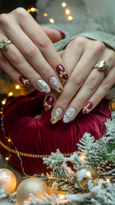 Get ready for the holiday season with these stunning holiday-themed nails!

Featuring a deep crimson base and metallic gold tips, each nail is a masterpiece of intricate designs.

From hand-painted snowflakes glimmering with rhinestones to luxurious marble effects in white, gold, and silver, these nails are pure art.

Adorned with three-dimensional gold bows and shimmering holographic glitter, they catch the light beautifully.

Perfect for making a festive statement this season! Gold Holiday Nail Designs, Painted Snowflakes, Holiday Themed Nails, Themed Nails, Diy Techniques, Gold Tips, Festival Diy, Seasonal Crafts, Holographic Glitter