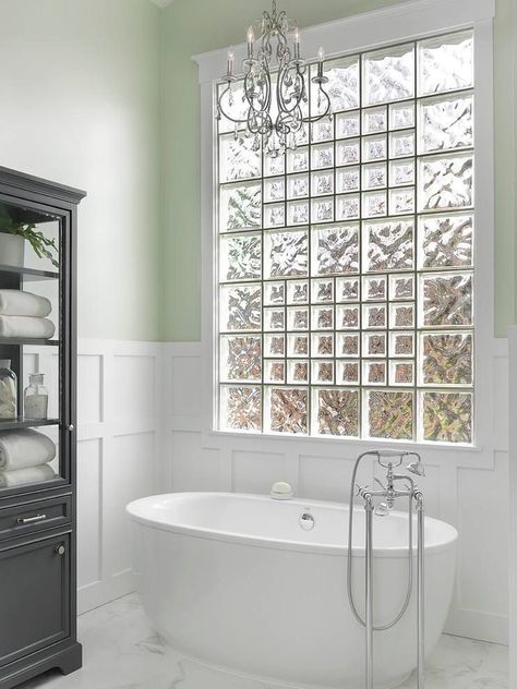 Bathroom Window Decor, Bathroom Wainscoting Ideas, Bathroom Wainscoting, Glass Block Shower, Small Bathroom Window, Glass Block Windows, Bathroom Window Treatments, White Wainscoting, Window In Shower