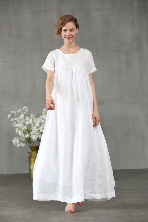 Princess Line Dress, Linen Wedding Dress, White Linen Dresses, Dress Linen, High Waist Dress, Maxi Robes, Dress Short Sleeve, Everyday Outfit, Dress Maxi