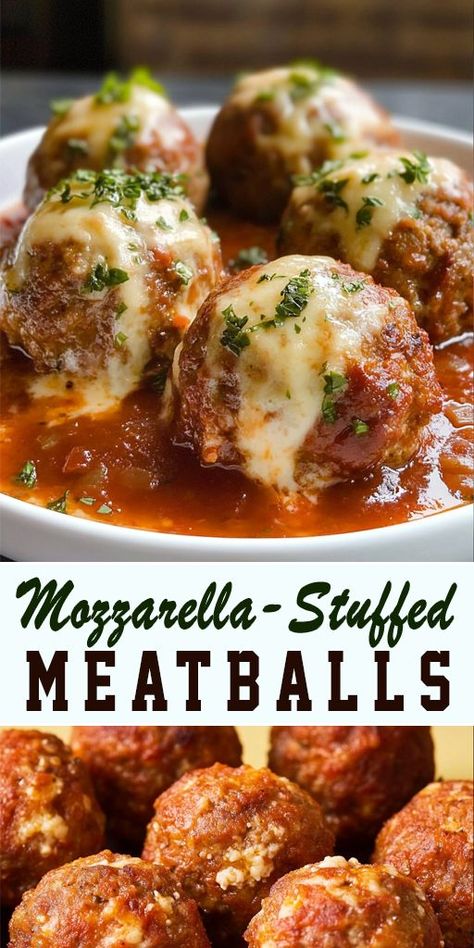 If you love cheesy, savory meals, these Mozzarella-Stuffed Meatballs are a must-try! 🧀🍽️ Ground beef meatballs filled with melted mozzarella cheese and topped with marinara sauce—perfect for a cozy dinner or family meal. Try them with pasta or just on their own! 🍝 #CheesyMeatballs #MozzarellaStuffed #EasyDinner #ComfortFood #FamilyFriendly #ItalianRecipes #DinnerRecipes #MeatballLovers #PastaDinner Making Meatballs Ground Beef, Ground Beef Meatballs Recipe, Awesome Sauce Meatballs, Baked Mozzarella Stuffed Meatballs, Cheesy Meatballs Recipe, Soft Meatballs Recipes, Beef Meatballs For Spaghetti, Meatball Bowl Recipes, Easy Meatball Appetizer Recipes