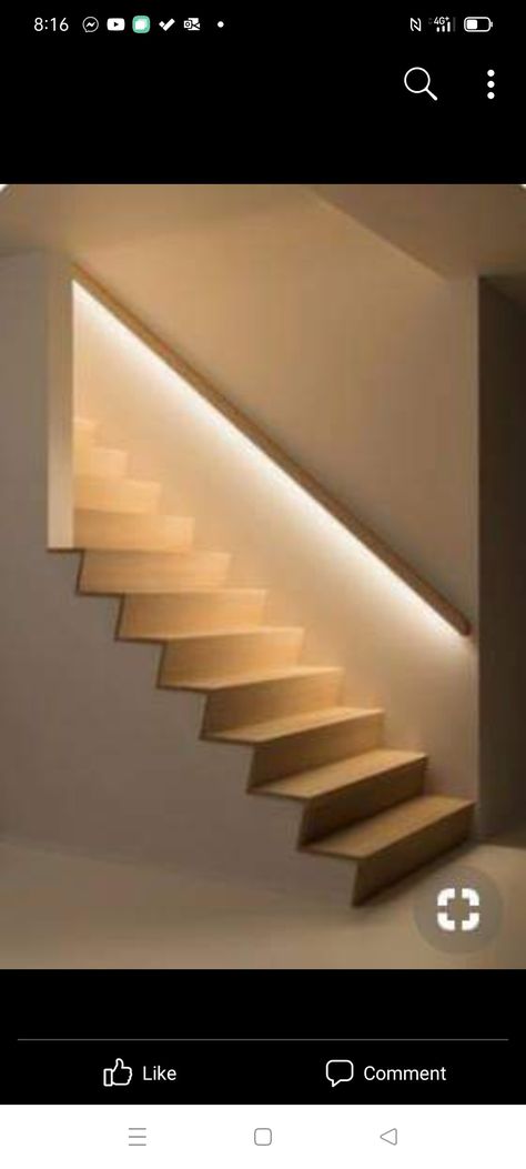 Handrails For Stairs Indoor, Rail Lighting, Indoor Stair Railing, Handrail Lighting, White Staircase, Open Stairs, Staircase Lighting, Floating Staircase, Stair Handrail