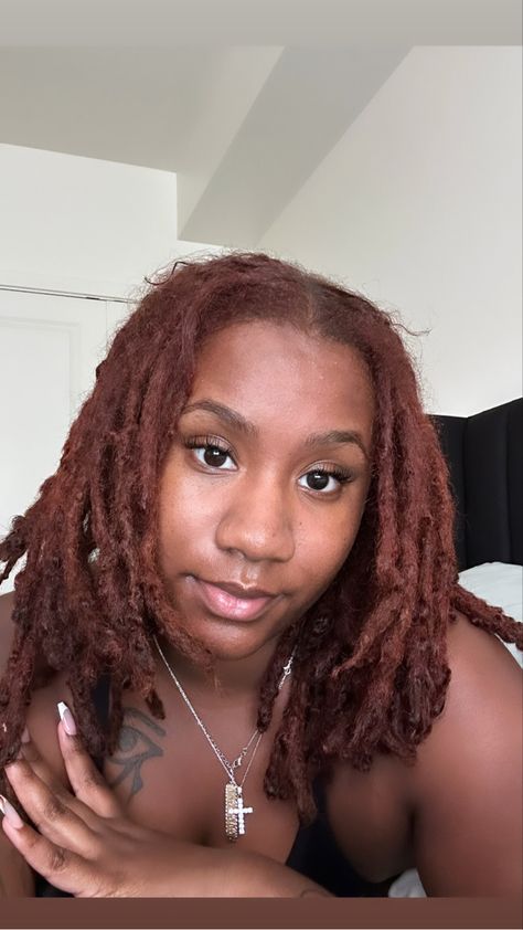 Copper Hair Locs, Reddish Brown Locs Black Women, Copper Brown Locs Black Women, Dark Ginger Locs Black Women, Loc Colors Black Women Dark Skin, Dyed Locs Brown, Dark Burgundy Locs, Sandy Brown Locs, Dark Ginger Locs